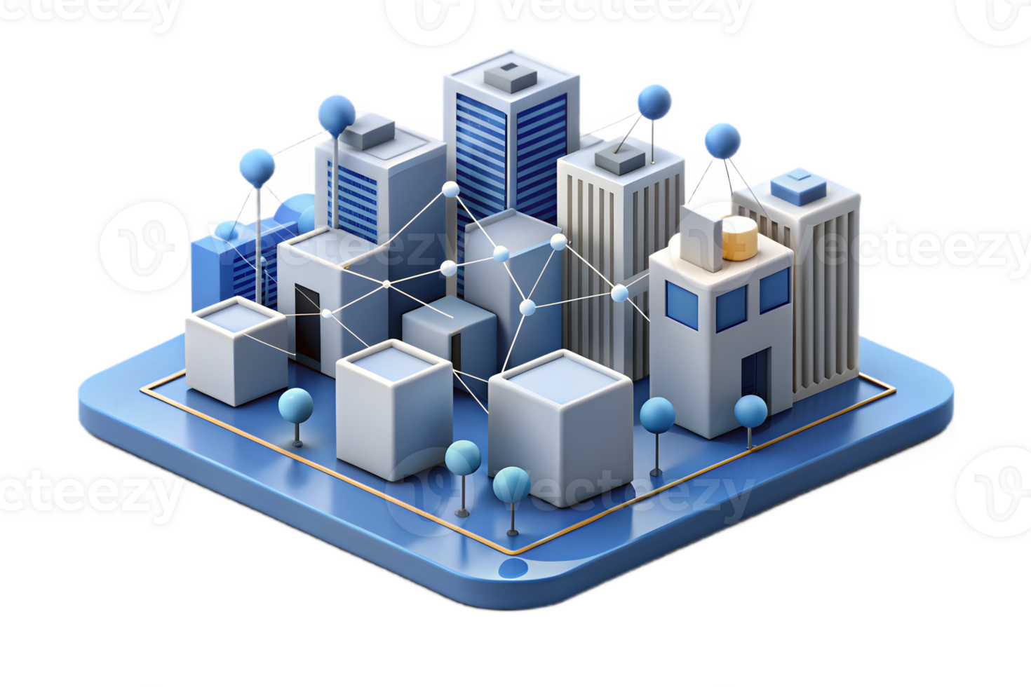 Isometric Flat AI Powered Smart City concept as A minimalistic abstract featuring smart city elements with digital connections and network patterns. The design is iso png
