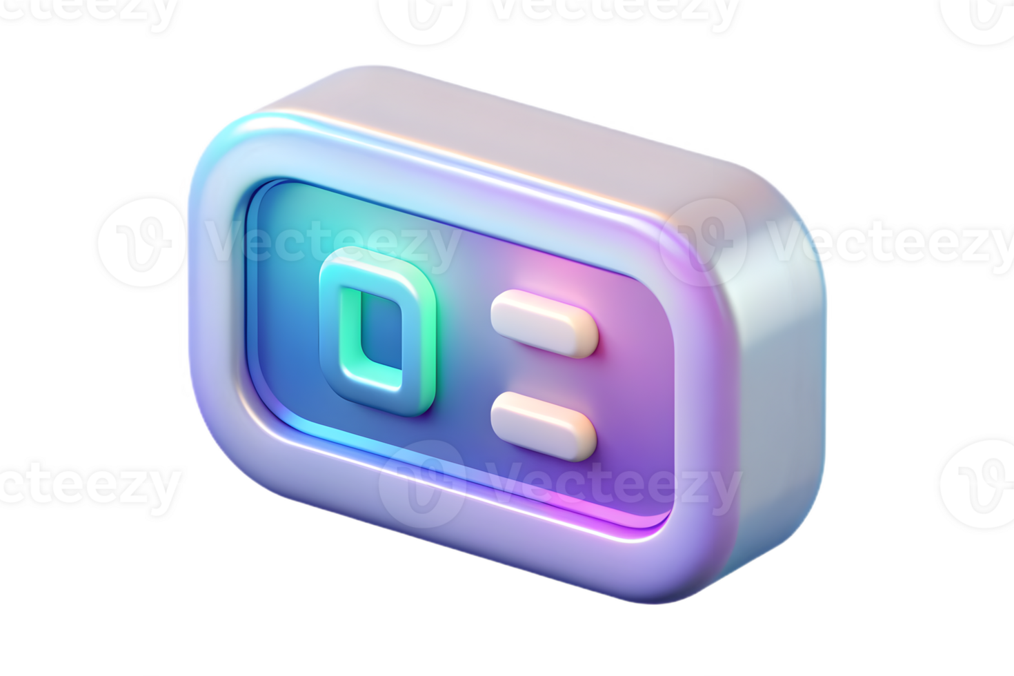 Isometric Flat Holographic Digital Clock with Glowing Numbers concept as A digital clock with holographic glowing numbers isolated on a glossy white surface. The scene is isolated png