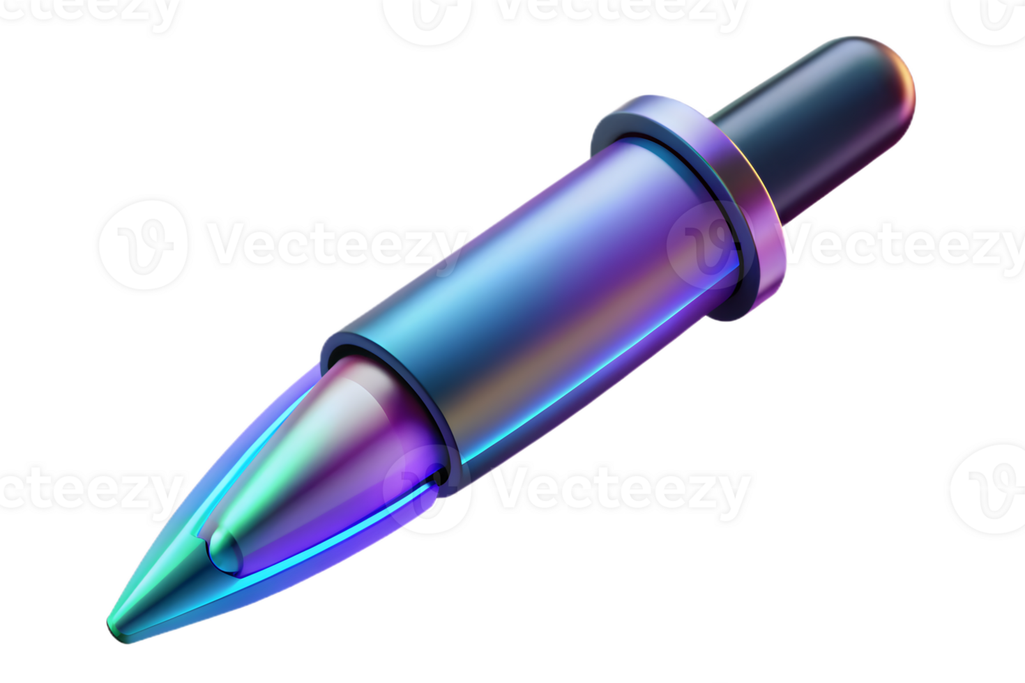 Isometric Flat Holographic Pen with Glowing Ink concept as A sleek pen with holographic glowing ink placed on a glossy white surface. The scene is isolated with ample copy space sy png
