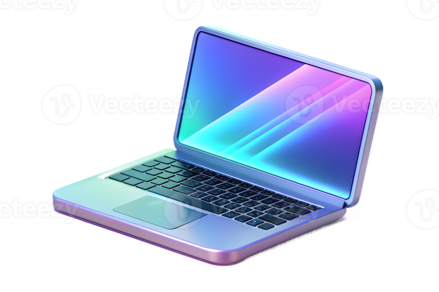 Isometric Flat Holographic Laptop on Glossy Stand concept as A modern laptop with a holographic keyboard glowing softly placed on a glossy stand. The scene is isolated on a white b png