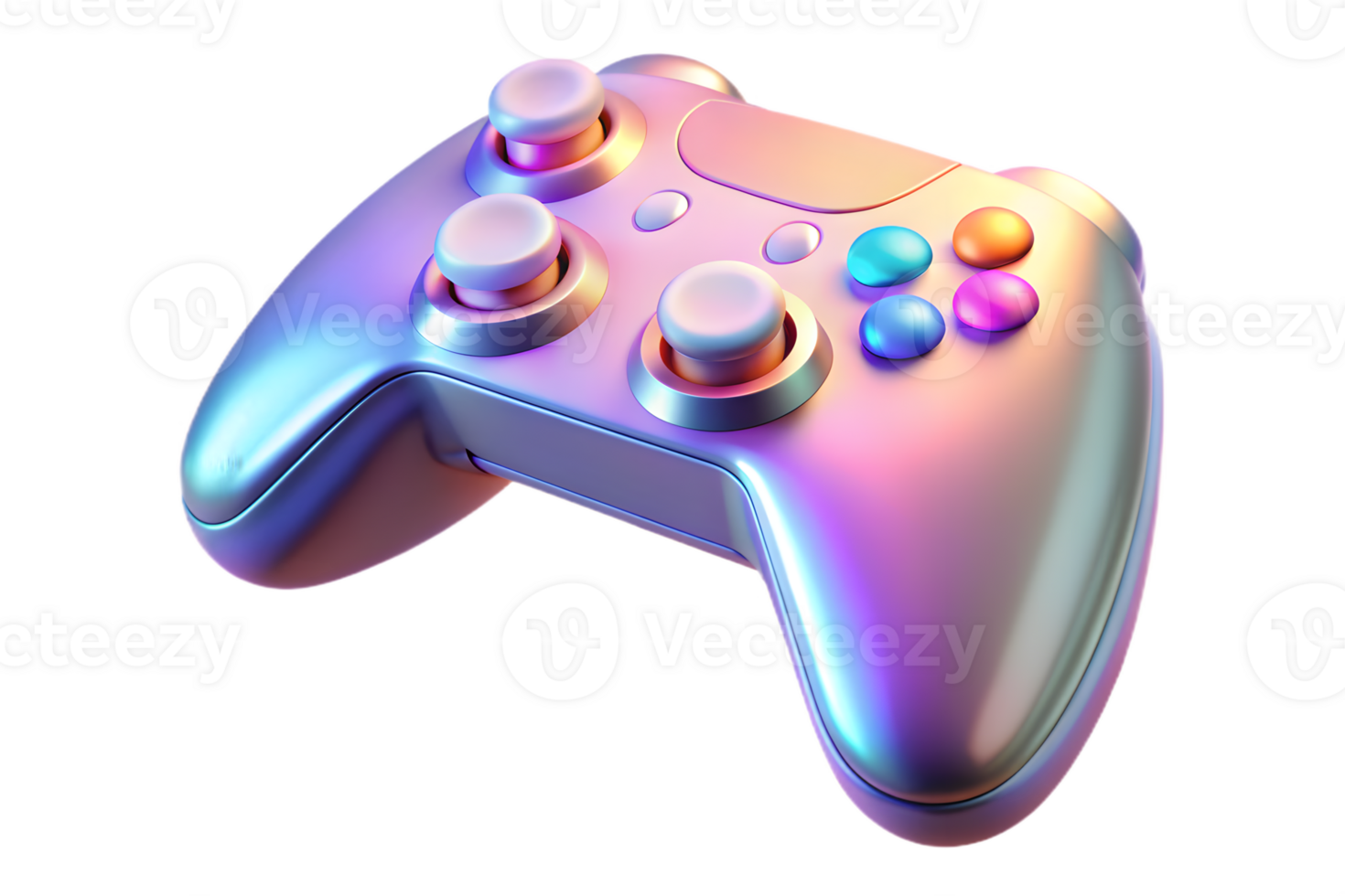 isométrique plat holographique jeu manette sur brillant surface concept comme une jeu manette avec holographique embrasé boutons mis sur une brillant blanc surface. le scène est isoler png
