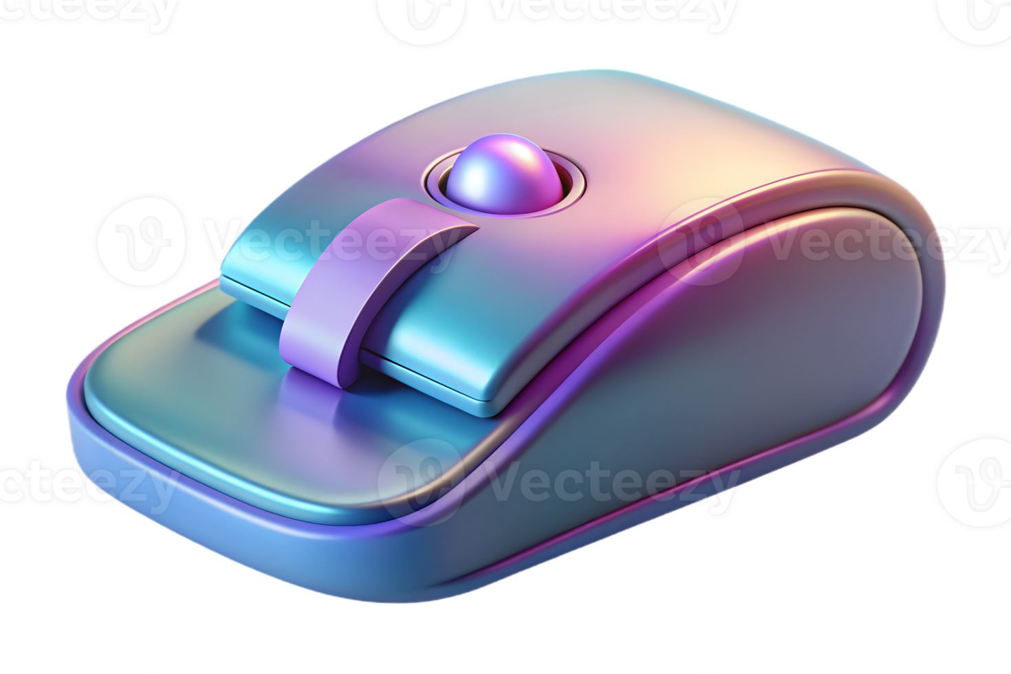 Isometric Flat Holographic Mouse with Glowing Scroll Wheel concept as A modern computer mouse with a holographic glowing scroll wheel isolated on a glossy white surface. The design png