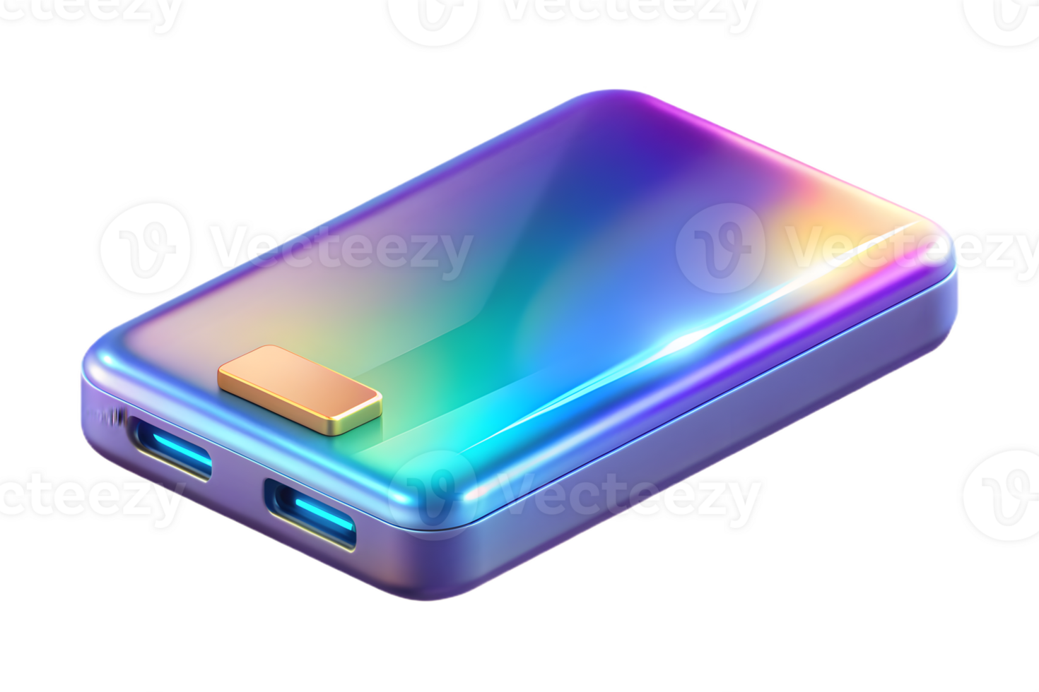 Isometric Flat Holographic Power Bank with Glowing Indicators concept as A power bank with holographic glowing indicators placed on a glossy white surface. The design includes ampl png