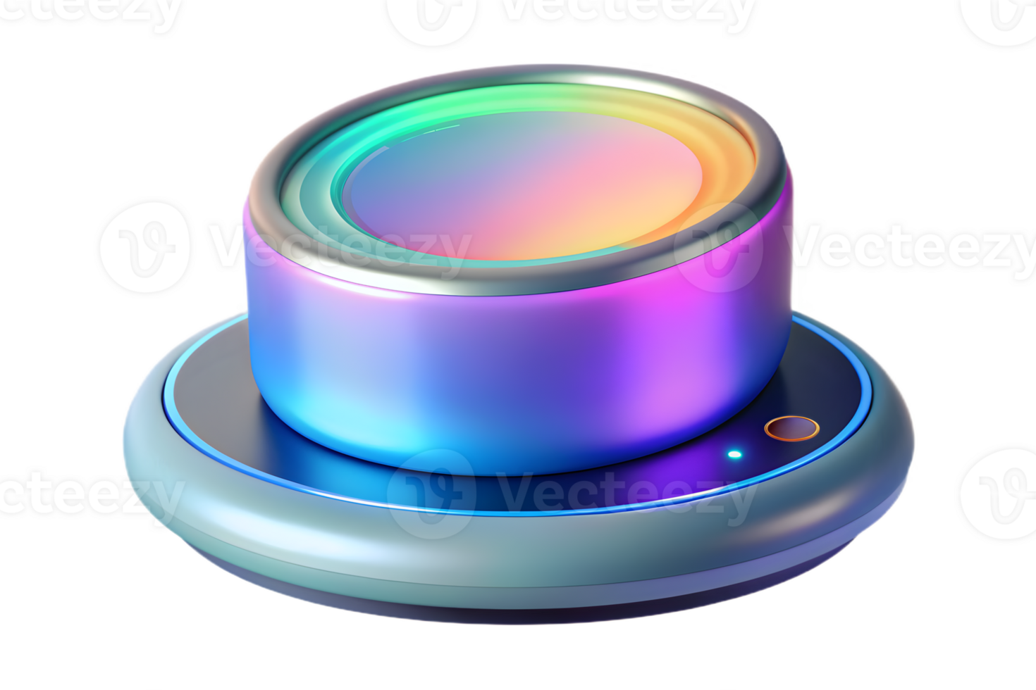 Isometric Flat Holographic Portable Speaker with Glowing Base concept as A portable speaker with a holographic glowing base isolated on a glossy white surface. The design includes png