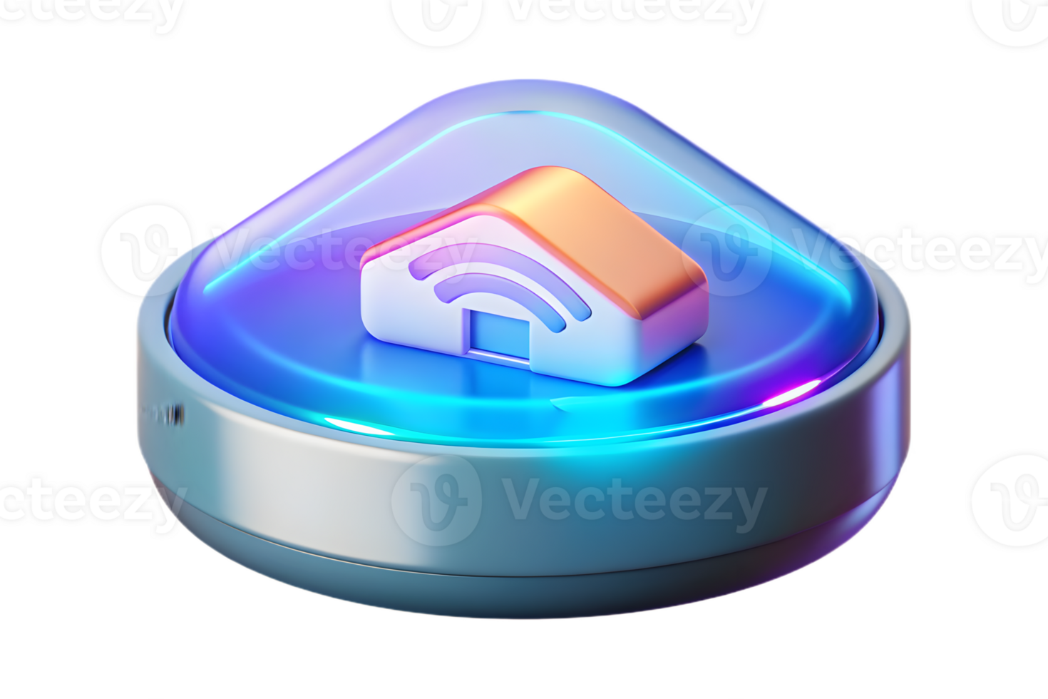 Isometric Flat Holographic Smart Home Hub with Glowing Interface concept as A smart home hub with a holographic glowing interface isolated on a glossy white surface. The design inc png