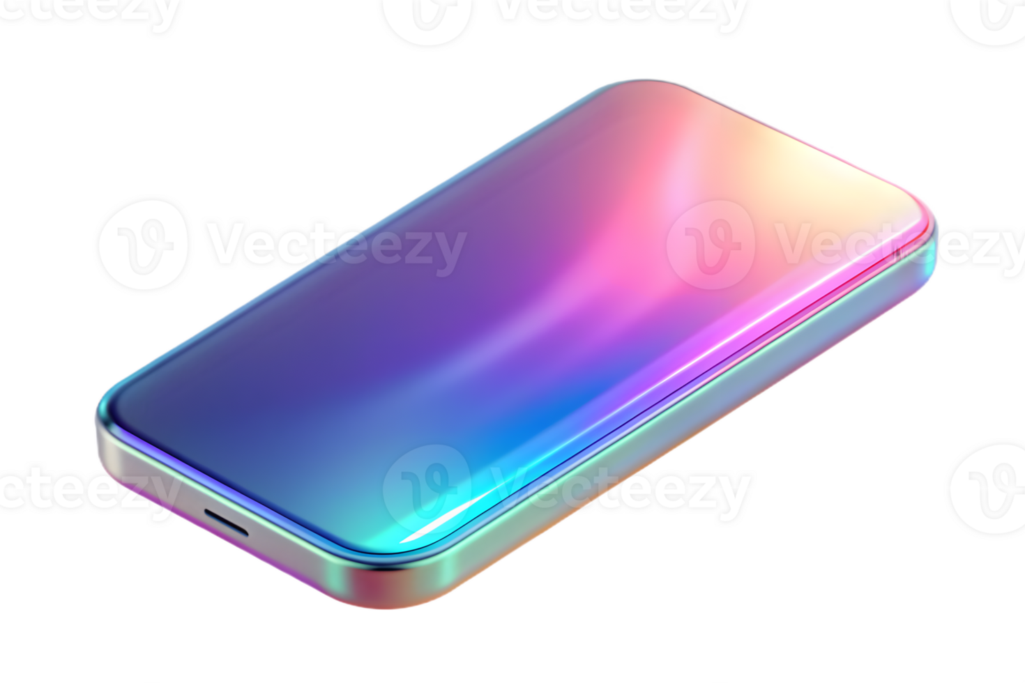 Isometric Flat Holographic Smartphone on Glossy Surface concept as A sleek smartphone with holographic glowing edges resting on a glossy surface. The scene is isolated on a white b png