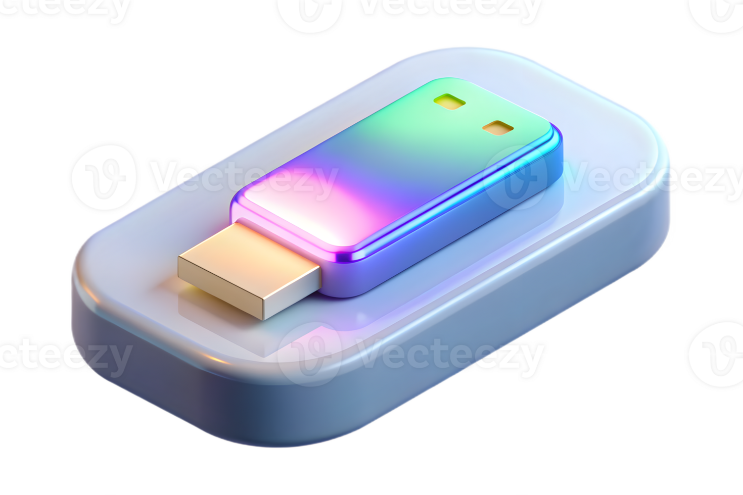 Isometric Flat Holographic USB Drive on Glossy Platform concept as A USB drive with holographic glowing accents resting on a glossy white platform. The scene is isolated with ample png