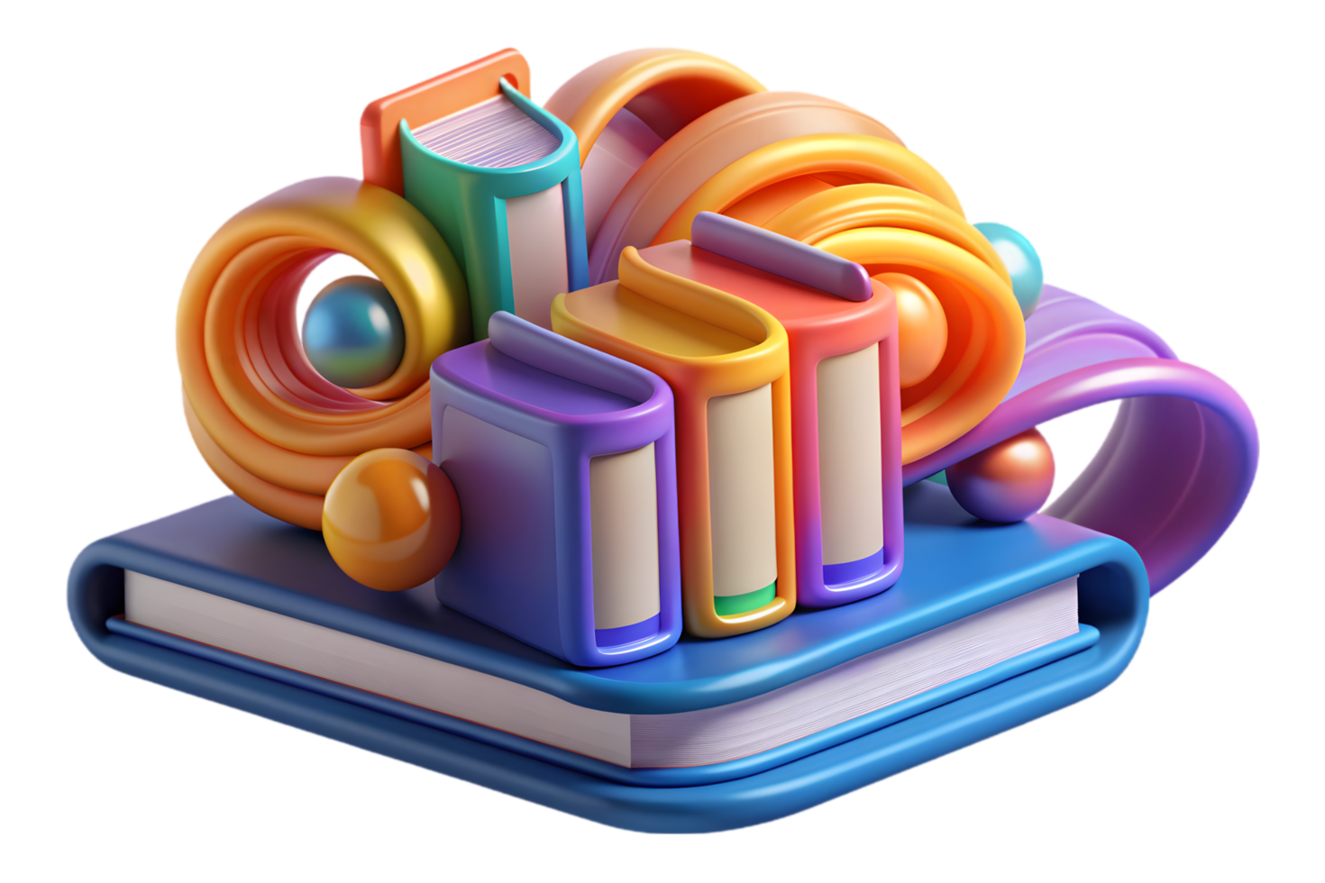 A colorful stack of books with a colorful swirl png