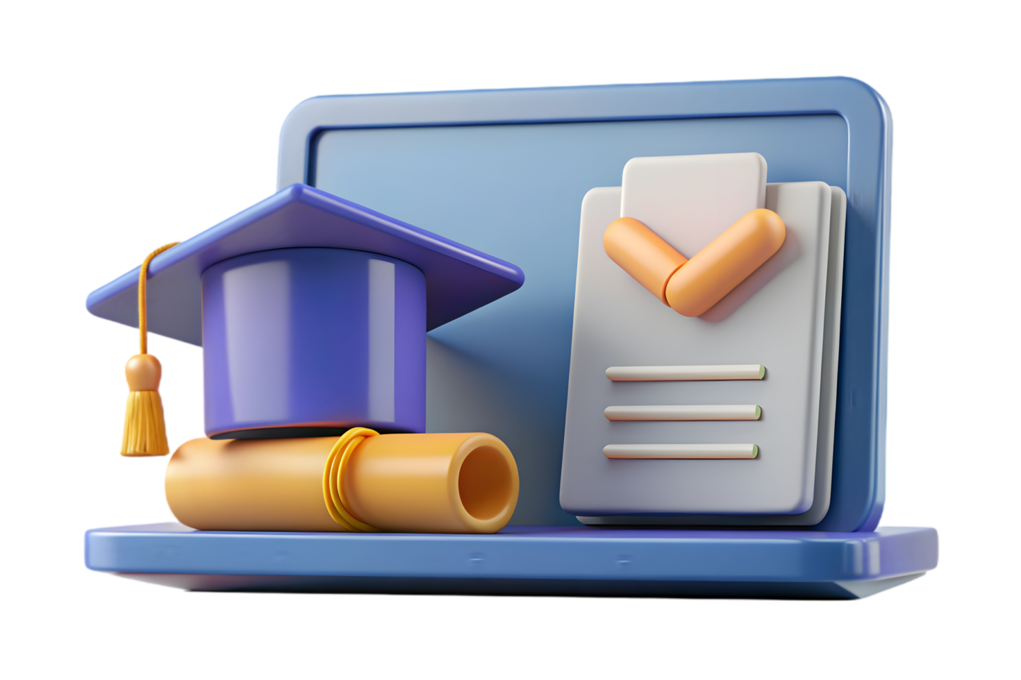 A graduation cap and diploma are on top of a laptop png