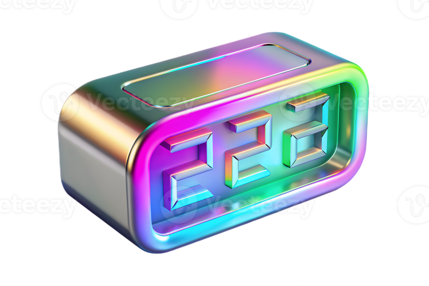 Isometric Holographic Digital Clock with Glowing Numbers concept as A digital clock with holographic glowing numbers isolated on a glossy white surface. The scene is isolated with png