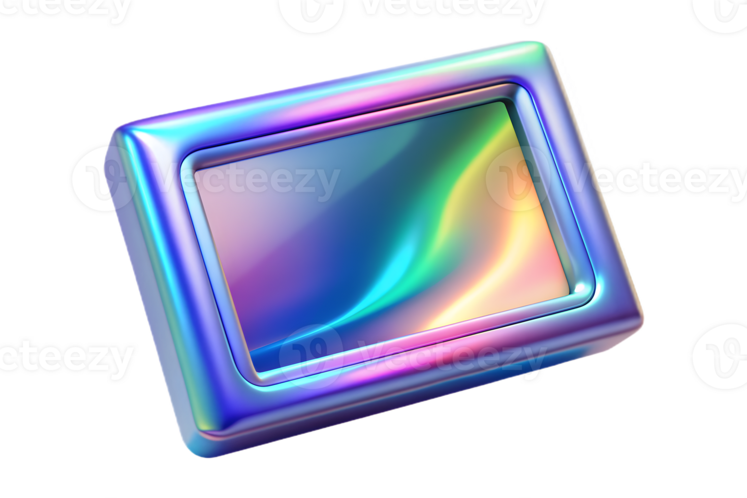 Isometric Holographic Digital Frame with Glowing Borders concept as A digital photo frame with holographic glowing borders isolated on a glossy white surface. The design includes a png