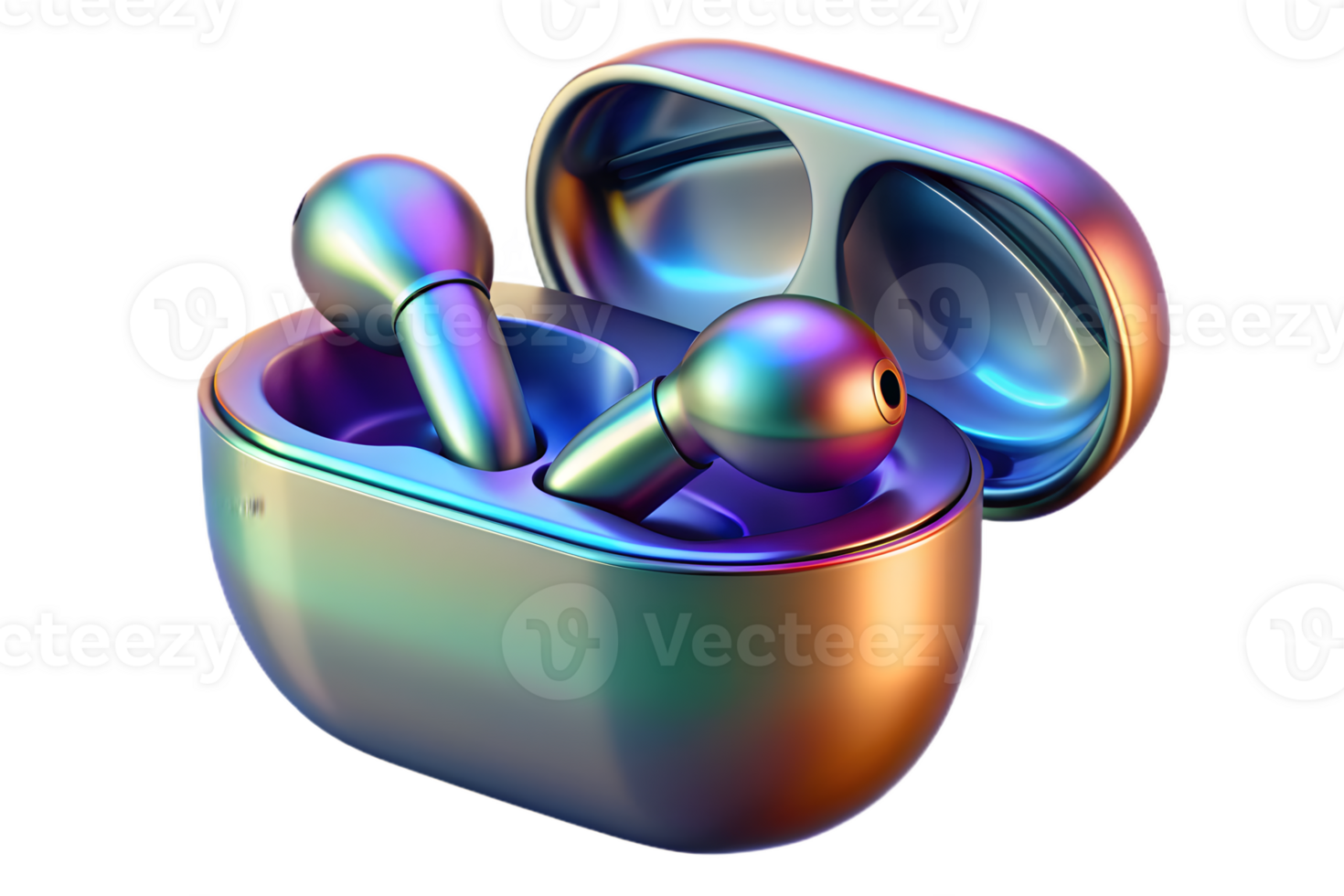 Isometric Holographic Earbuds with Glowing Case concept as A set of wireless earbuds with a holographic glowing case isolated on a glossy white surface. The design includes ample c png