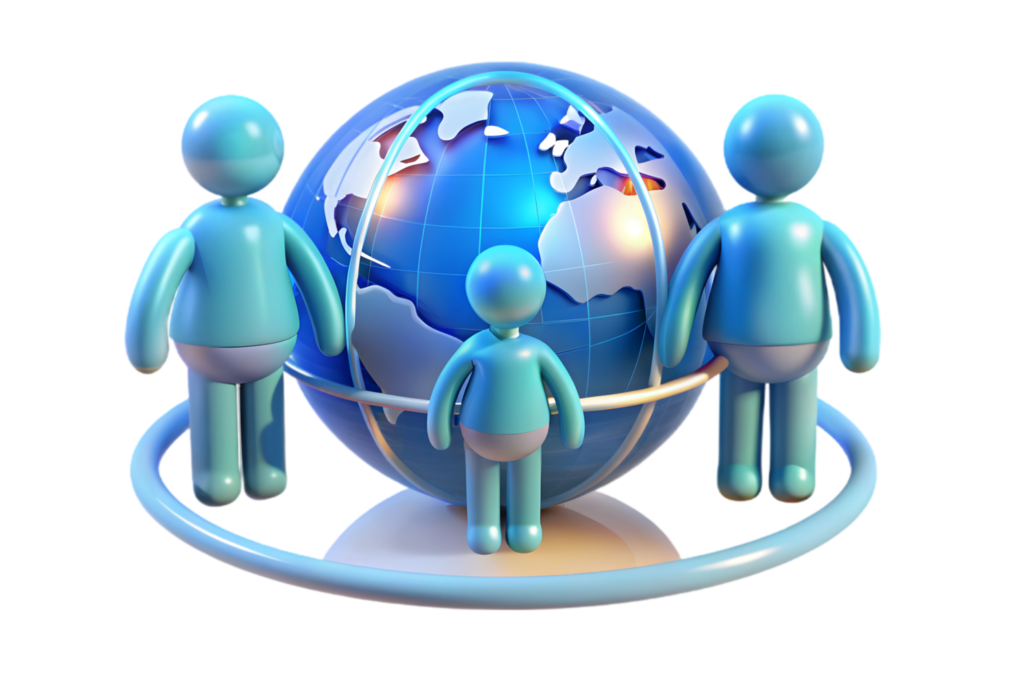 Three people standing around a globe with a blue background png