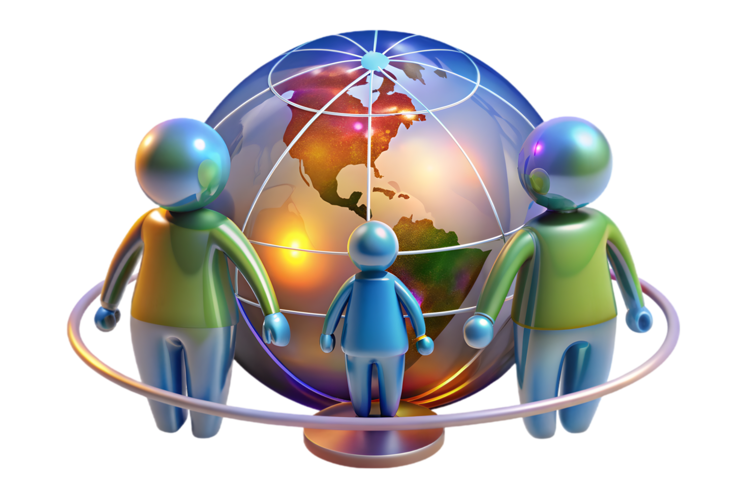 A family is standing around a globe with a child on it png
