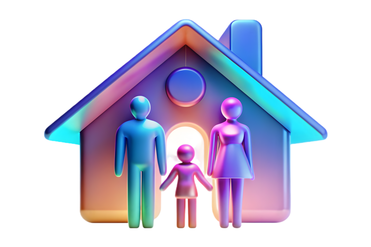 A family is standing in front of a house with a rainbow colored light png