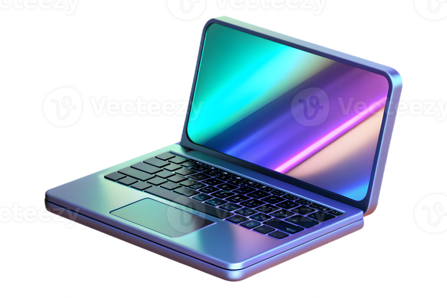 Isometric Holographic Laptop on Glossy Stand concept as A modern laptop with a holographic keyboard glowing softly placed on a glossy stand. The scene is isolated on a white backgr png