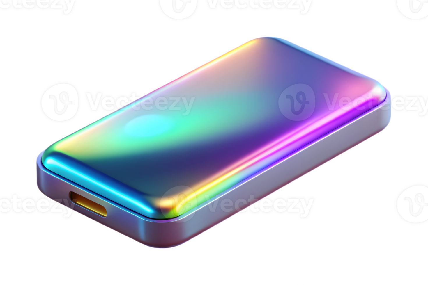 Isometric Holographic Power Bank with Glowing Indicators concept as A power bank with holographic glowing indicators placed on a glossy white surface. The design includes ample cop png