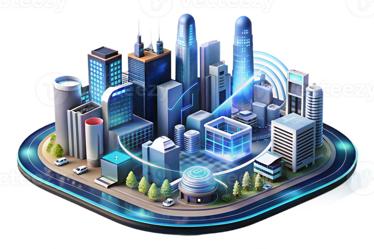 Isometric Smart City Transformation concept as A glowing abstract digital art background depicting the transformation of urban environments into smart cities highlighting cost effi png