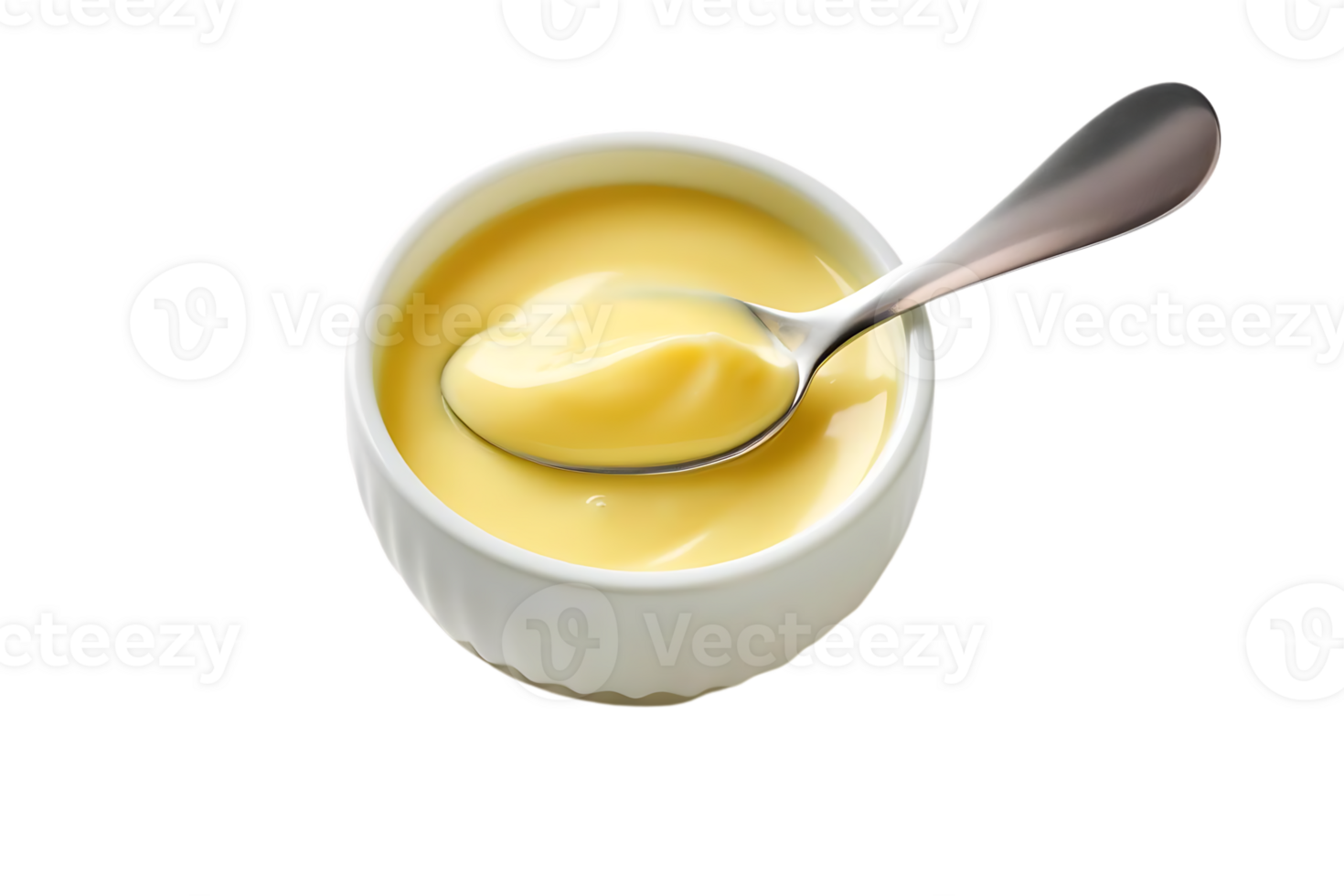 Spoonful of Creamy Yellow Custard in a White Bowl with a Transparent Background png