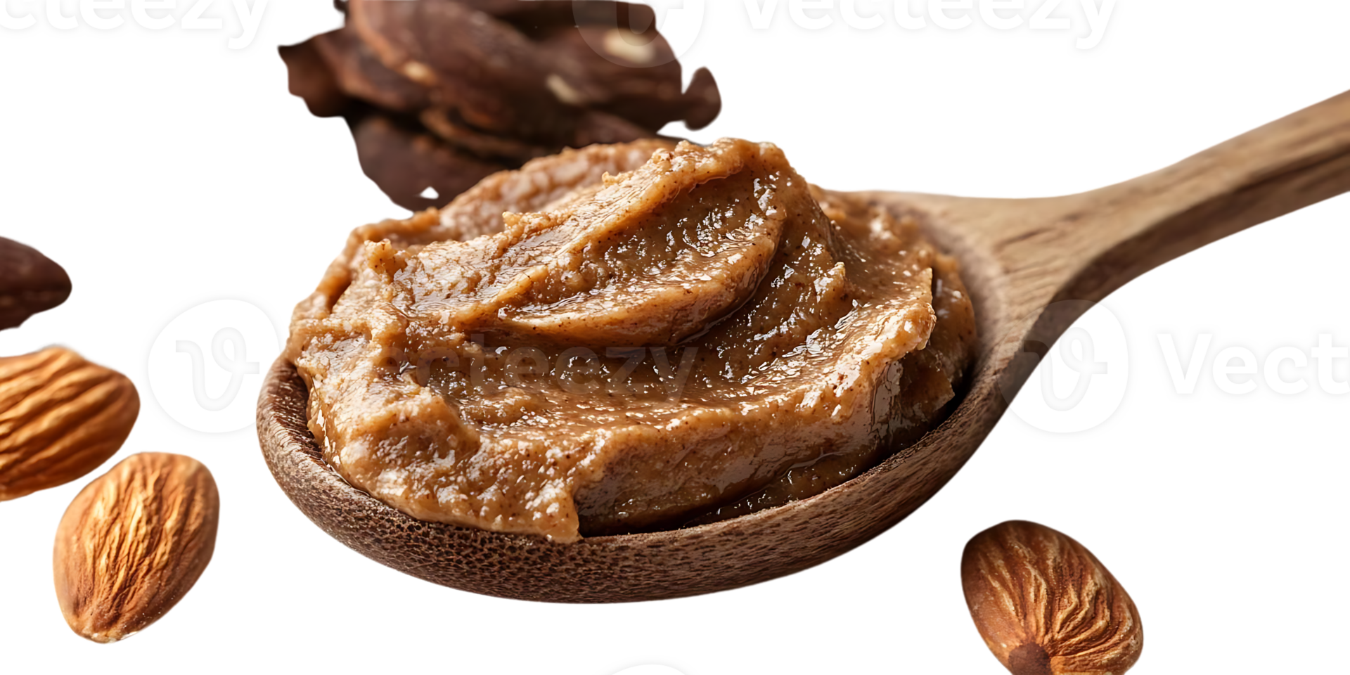 Delicious Almond Butter Spread in Wooden Spoon, with Almonds Scattered Around, Transparent Background png