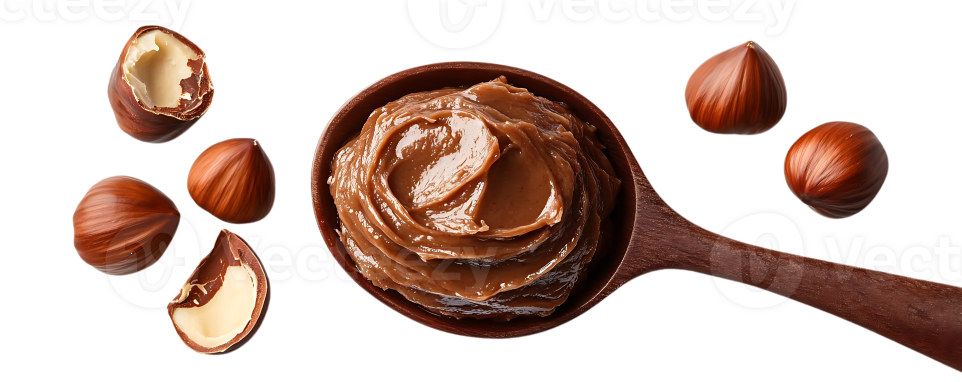 Hazelnut Spread in Wooden Spoon with Nuts on Transparent Background png
