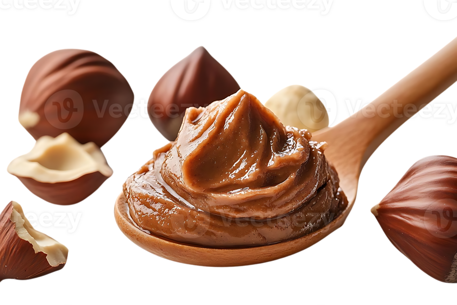 Hazelnut Spread on Wooden Spoon with Nuts Isolated on Transparent Background png