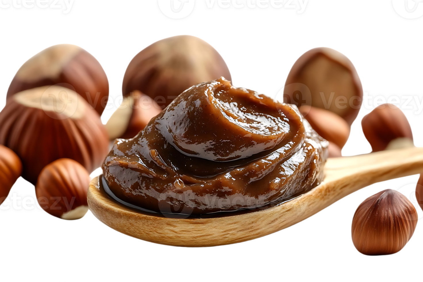 Hazelnut Spread in a Wooden Spoon with Hazelnuts on a Transparent Background png