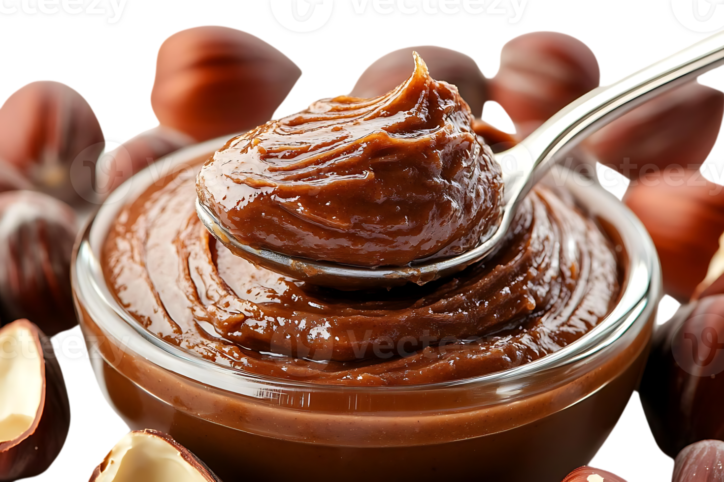 Delicious Hazelnut Spread in a Glass Bowl with a Spoon Holding a Scoop of the Spread, with a Transparent Background png