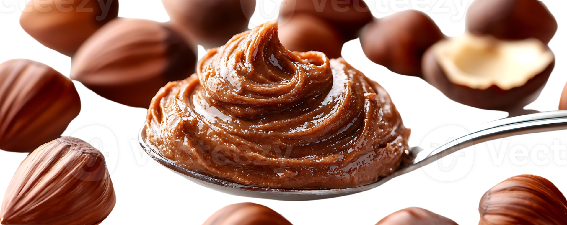 Hazelnut Spread on Spoon with Nuts in Background, Transparent Background png