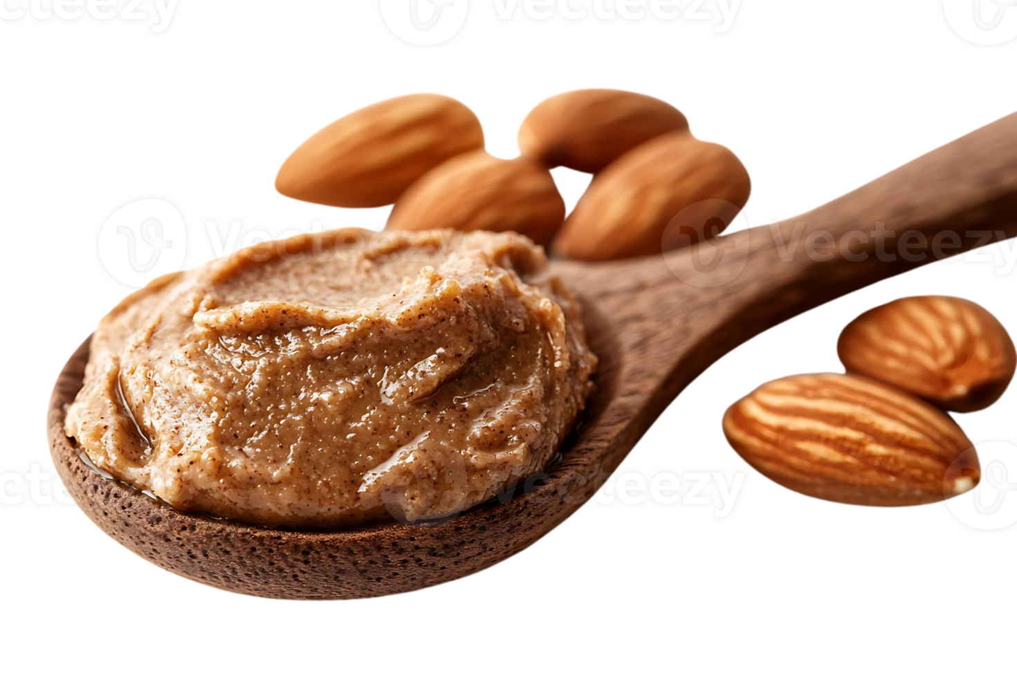 Creamy Almond Butter in Wooden Spoon with Almonds on Transparent Background png