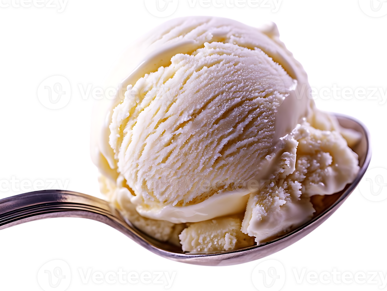 A Scoop of Creamy Vanilla Ice Cream on a Silver Spoon with a Transparent Background png