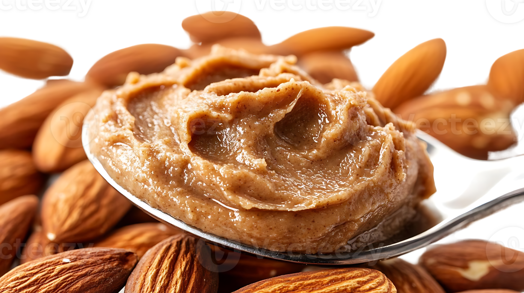 Creamy Almond Butter on a Spoon with Almonds in the Background, Transparent Background png