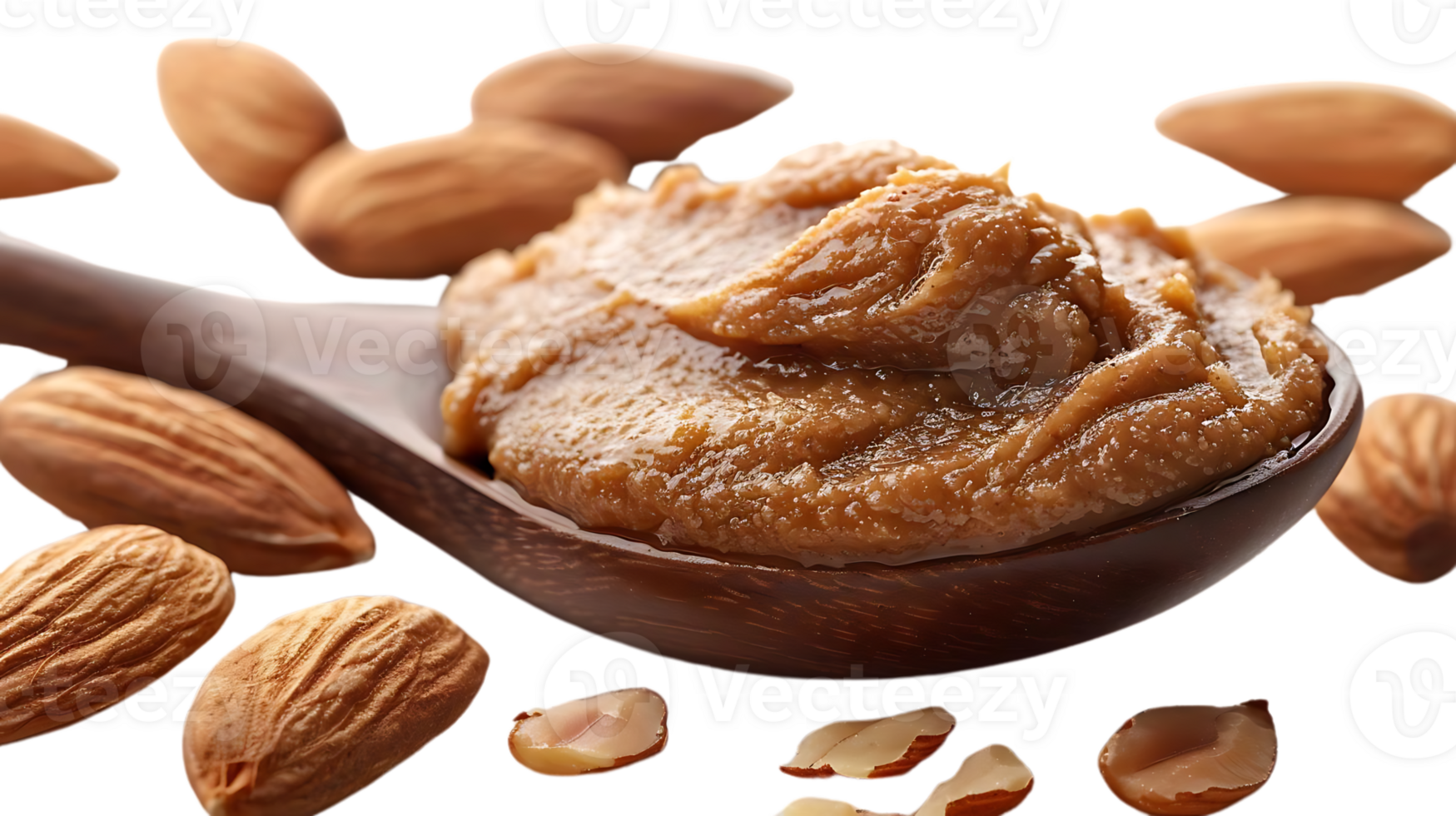 Almond Butter Spread on Wooden Spoon with Almonds - Transparent Background png