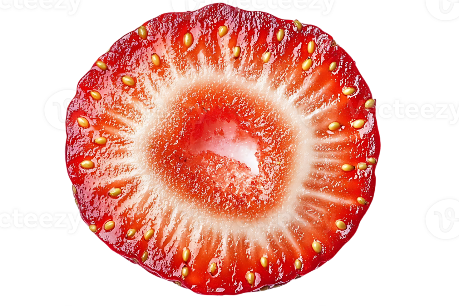Close-Up Macro Shot of a Strawberry Slice, Revealing its Juicy Interior and Tiny Seeds with a Transparent Background. png