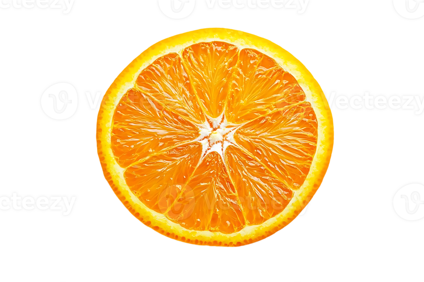 A Single Slice of Orange on a Transparent Background, A Refreshing Citrus Fruit with Juicy Segments and a Vibrant Color. png