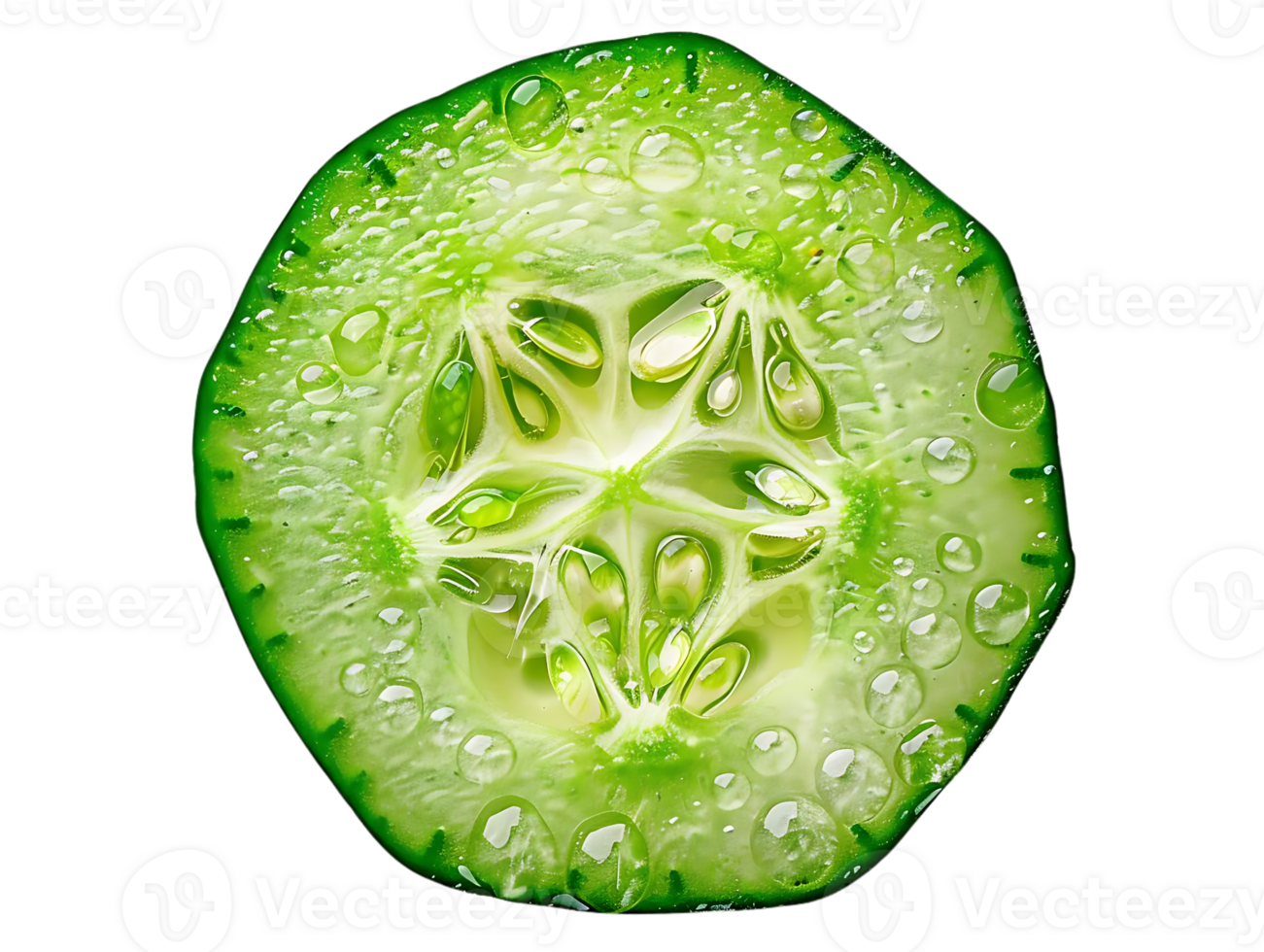 Fresh Cucumber Slice with Dewy Texture, Isolated on a Transparent Background, Displaying Refreshing Green Hues and a Crisp, Watery Appearance. png