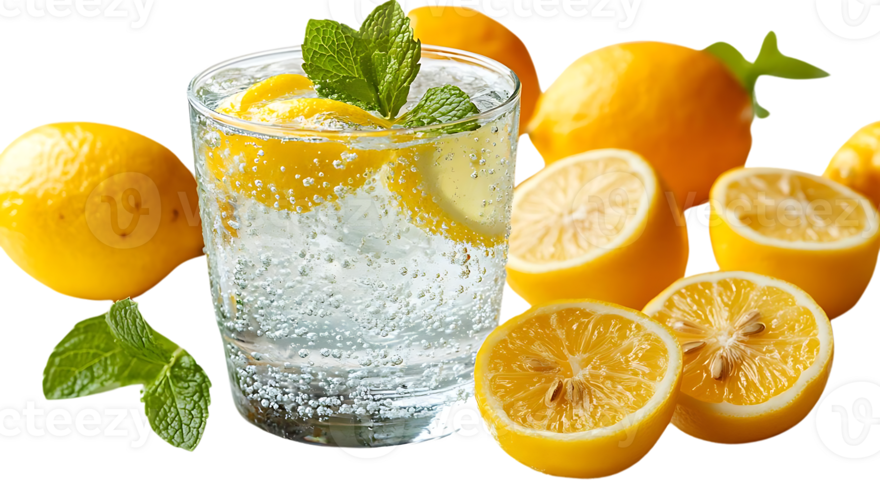 Refreshing Lemon Soda with Mint Leaves and Slices, Perfect for a Summer Day - Transparent Background png