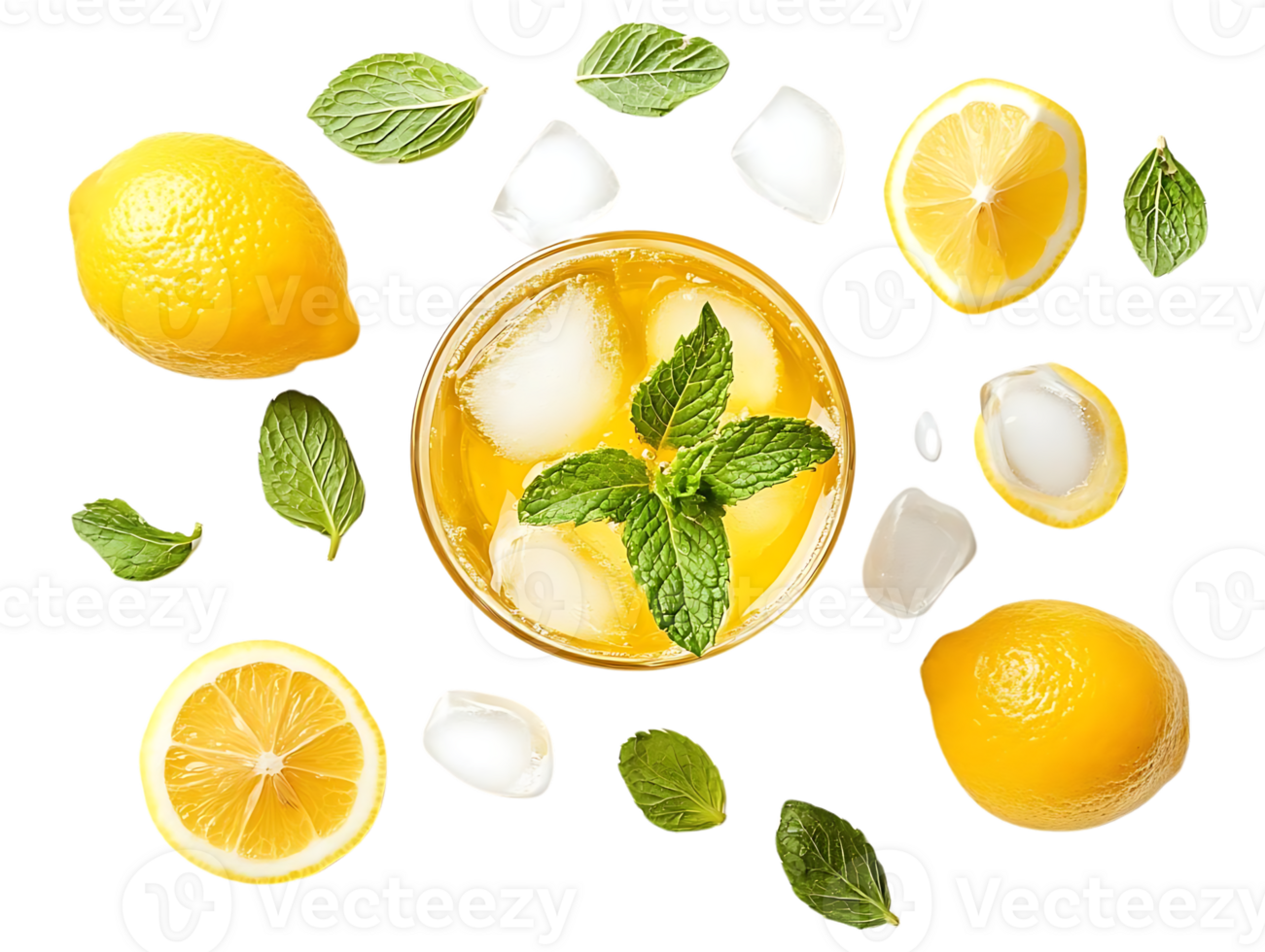 Refreshing Lemonade with Ice Cubes, Mint Leaves, and Lemon Slices on a Transparent Background png