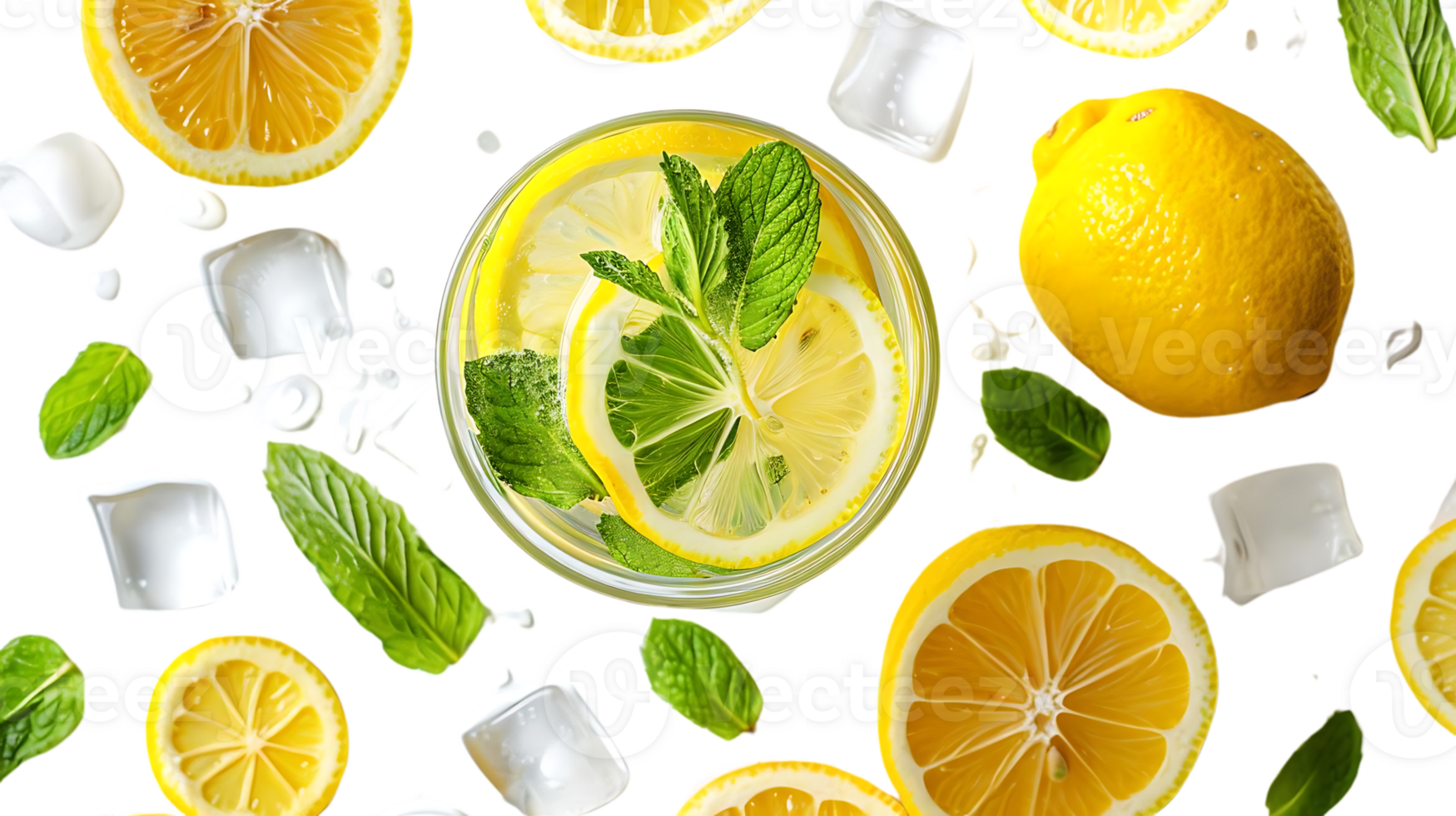 Refreshing Lemon and Mint Drink with Ice Cubes on a Transparent Background png