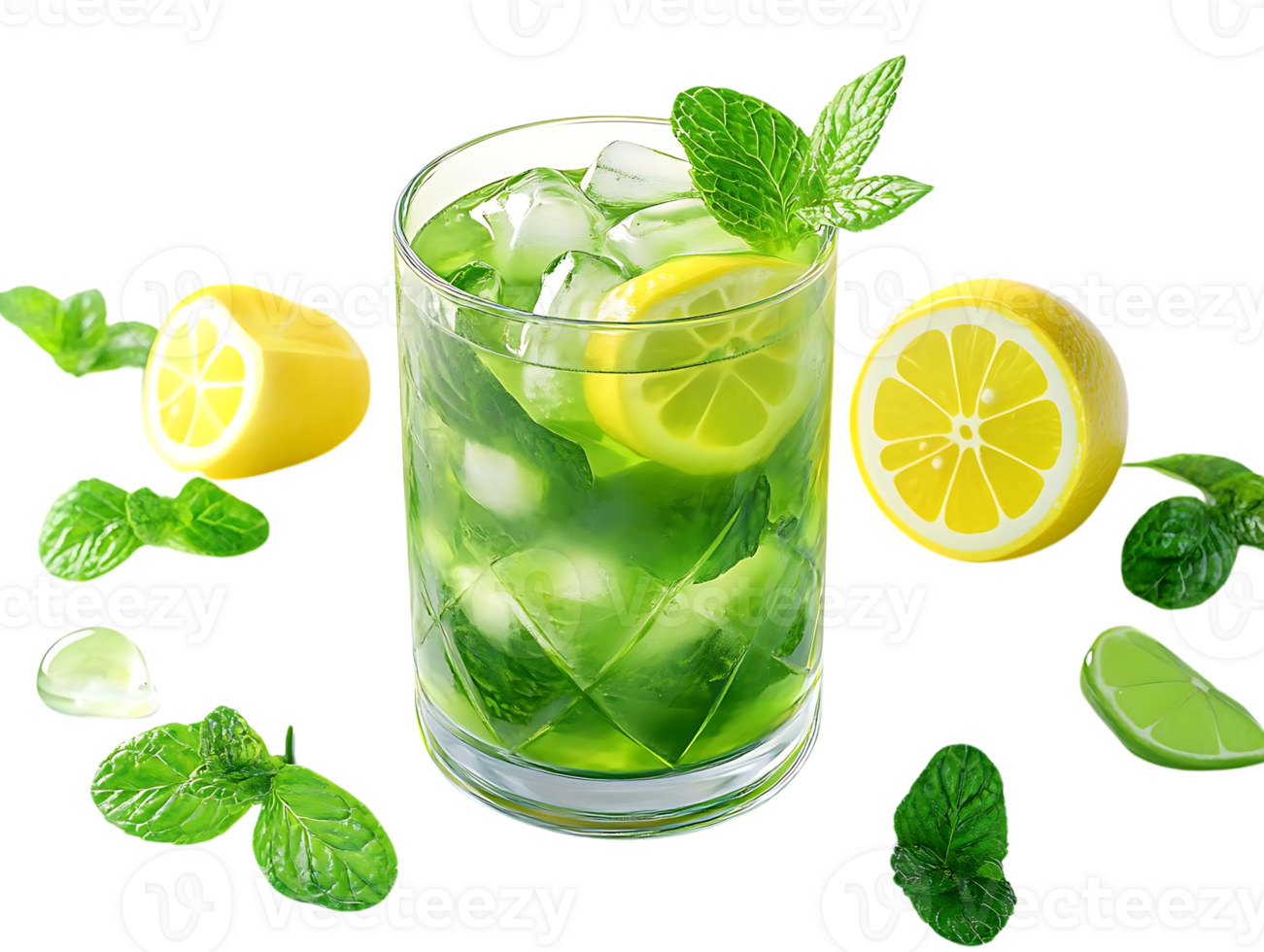 Refreshing Iced Green Tea with Lemon and Mint, a Perfect Summer Drink with Transparent Background png