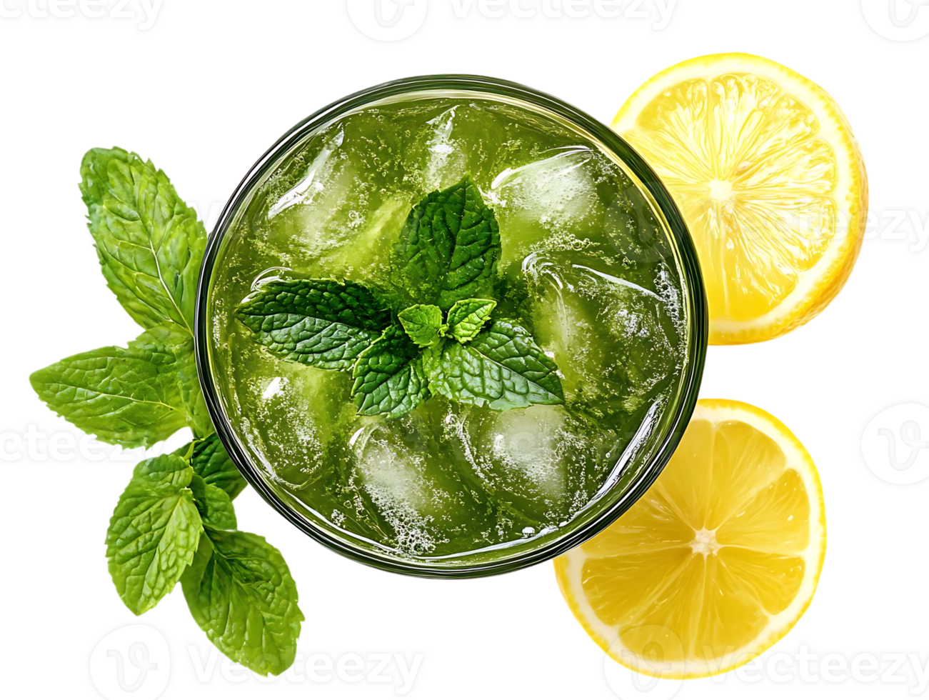 Refreshing Green Mint Lemonade with Ice Cubes and Lemon Slices on Transparent Background png