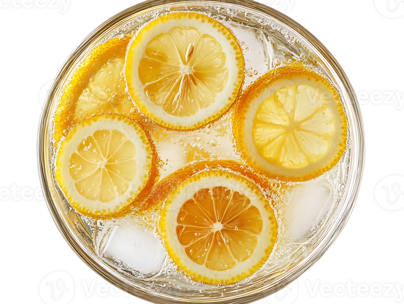 Refreshing Lemon Slices Float in Sparkling Water with Ice, a Perfect Summer Drink png