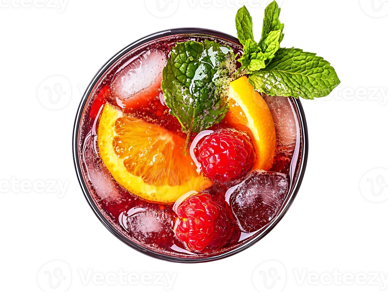Refreshing Raspberry and Orange Cocktail with Mint Garnish, Perfect for Summer Parties, Served with Ice Cubes on a Transparent Background png