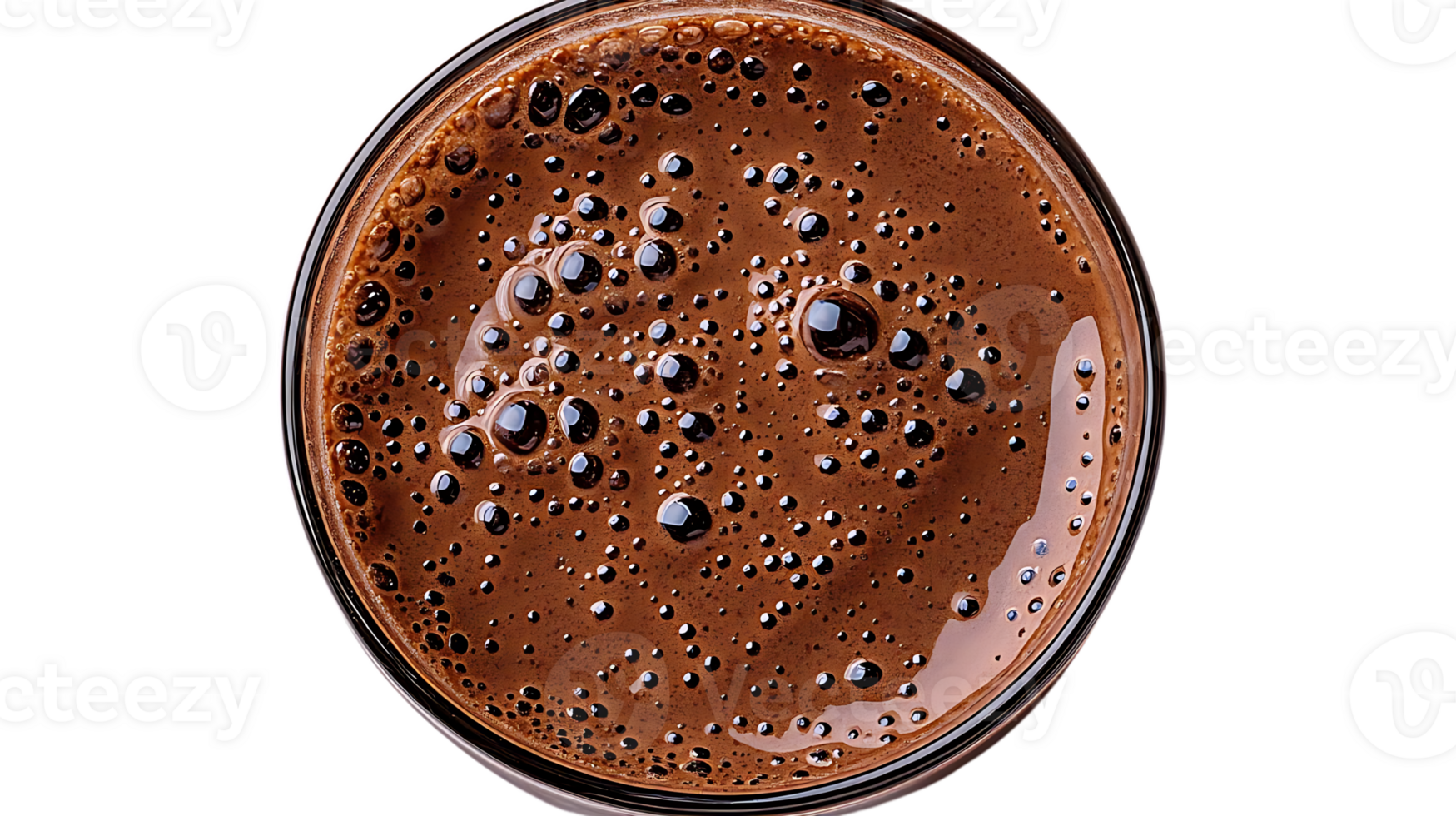 fechar-se do uma vidro do café com uma transparente fundo, mostrando a espumoso Castanho líquido com ar bolhas png