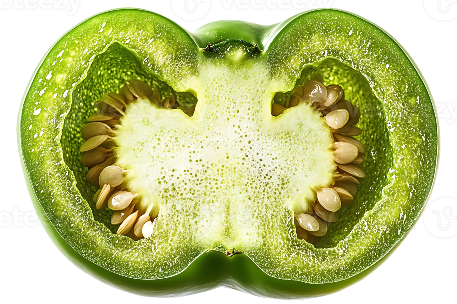 Green Bell Pepper Cut In Half with Seeds Visible on Transparent Background png