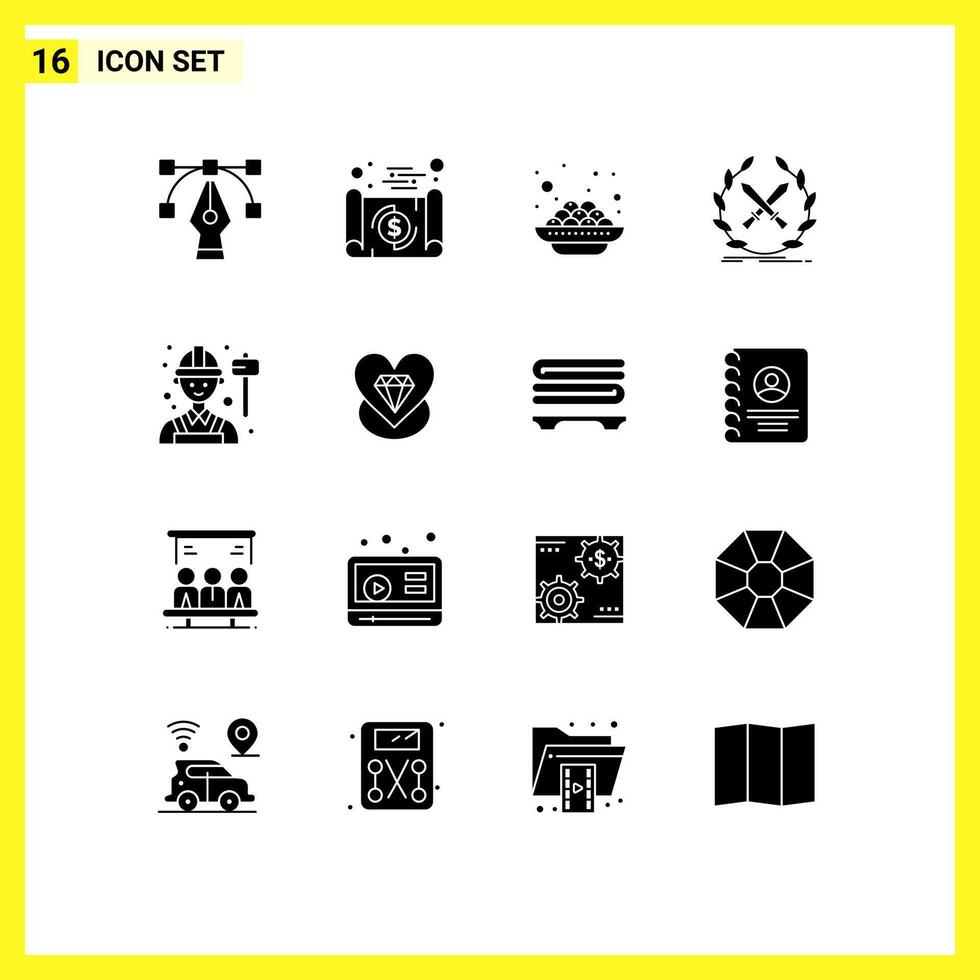 16 User Interface Solid Glyph Pack of modern Signs and Symbols of employee label cake game battle Editable element Design Elements vector