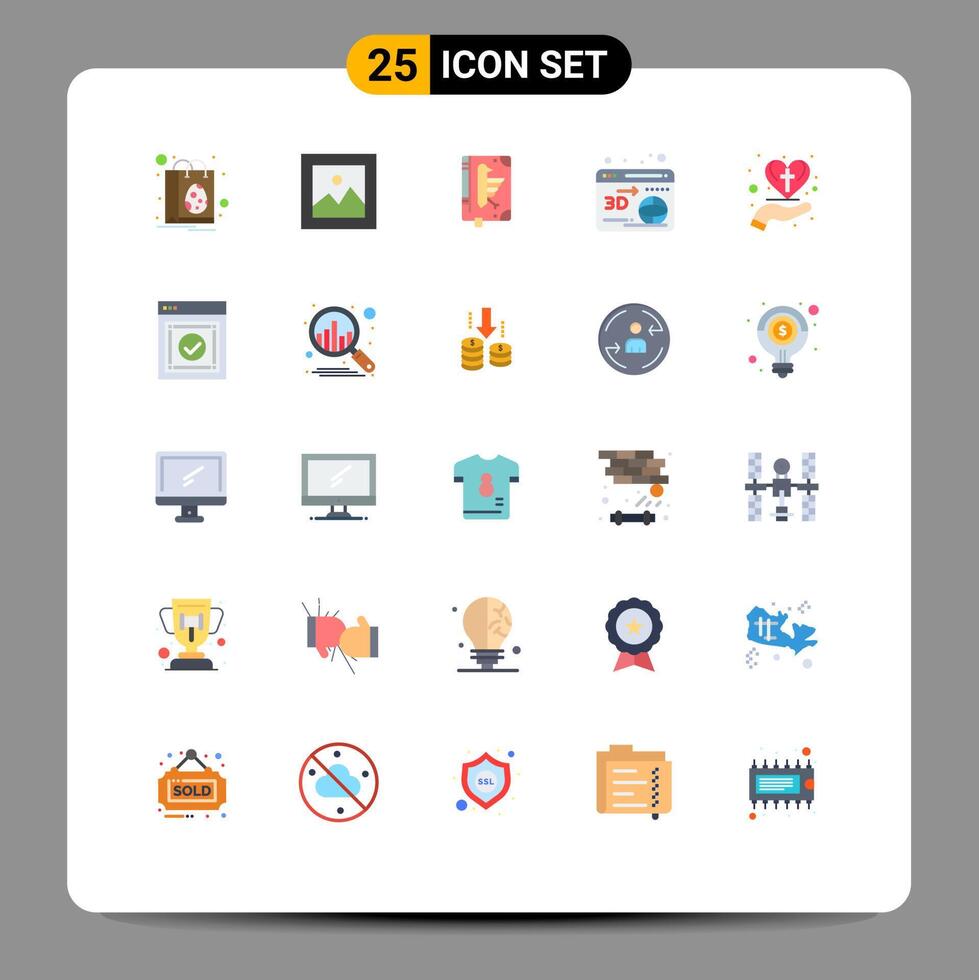 Group of 25 Flat Colors Signs and Symbols for care heart globe book printer edict Editable element Design Elements vector