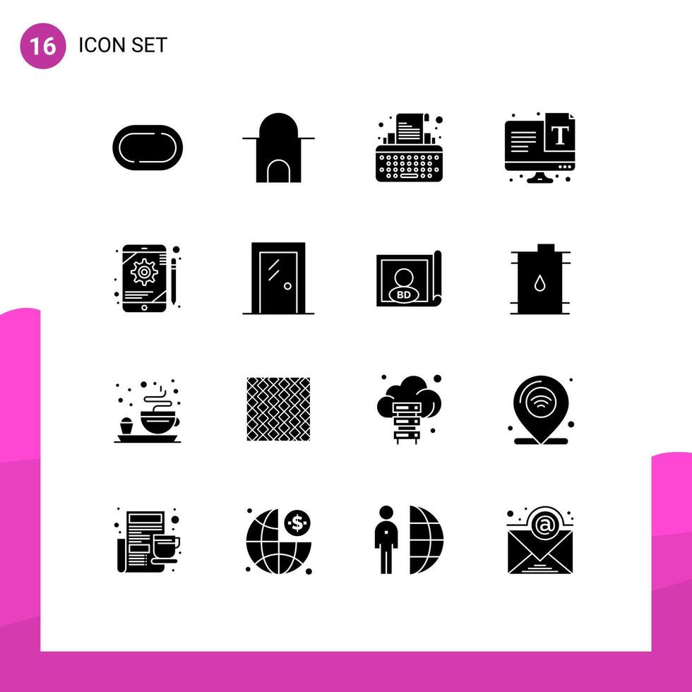 conjunto de dieciséis elemento sólido glifos en cuadrícula para engranaje aplicación tipo fuente texto editable elemento diseño elementos vector
