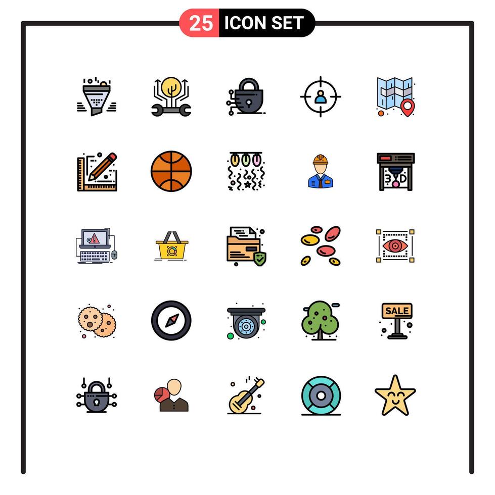 Editable element Line Pack of 25 Simple Filled line Flat Colors of location management hack human technology Editable element Design Elements vector