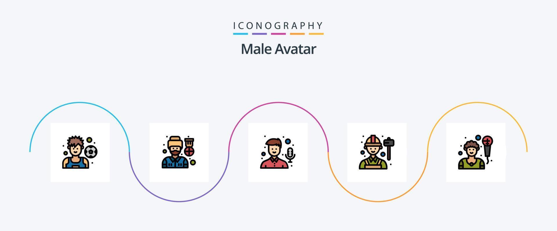 Male Avatar Line Filled Flat 5 Icon Pack Including singer artist mic labour engineer vector